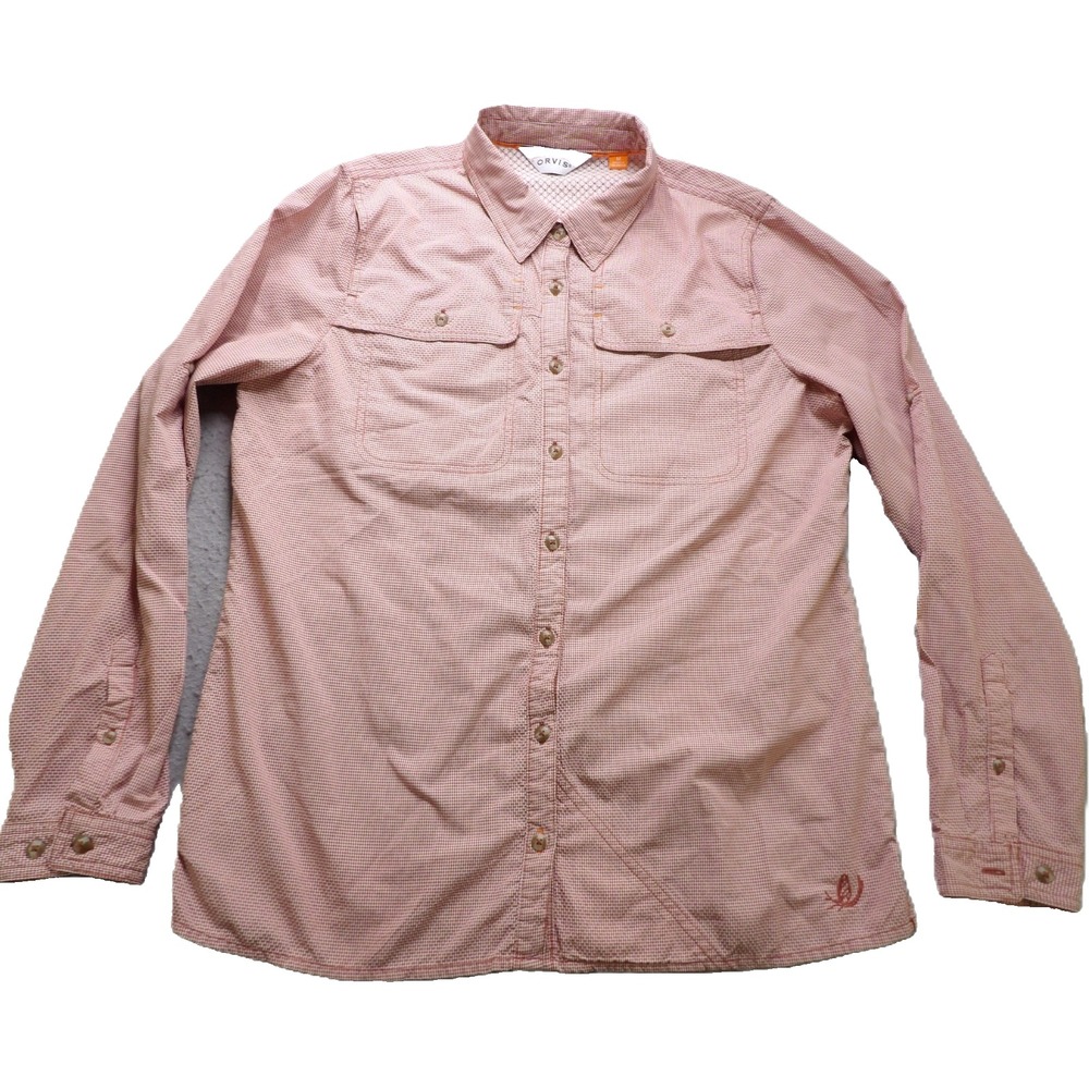 Orvis Nylon Fishing Shirt Women M Pink Micro Check Roll Tab Vented Utility Guide